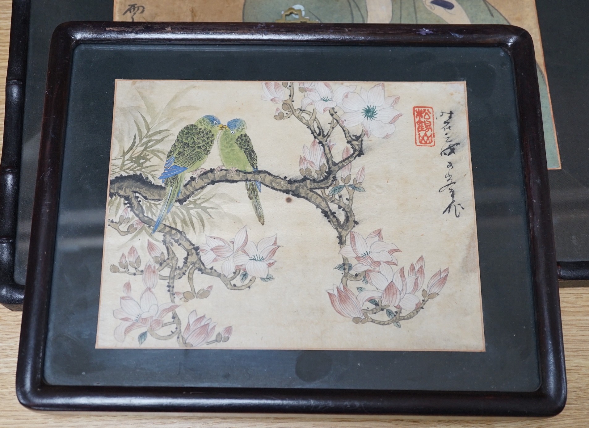 A pair of Japanese watercolours on silk and an painted print of a lady, largest 43x29cm